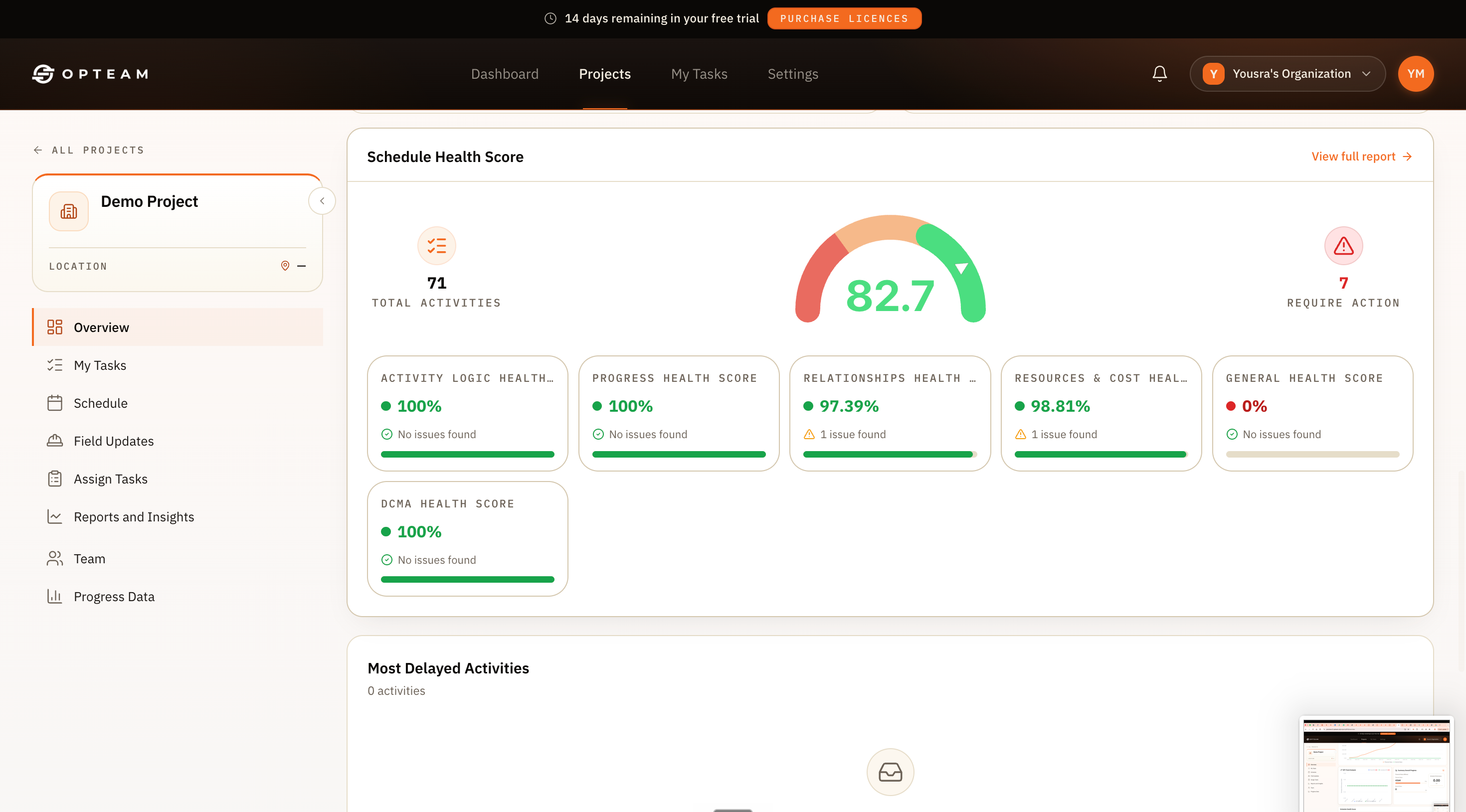 OPTEAM schedule health score gauge reading 82.7 with breakdowns for activity logic, progress, relationships, resources and DCMA checks
