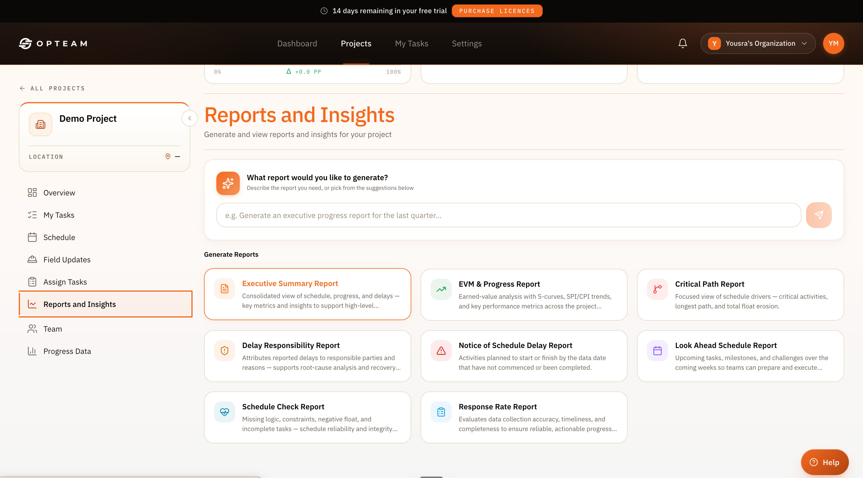 OPTEAM Reports and Insights screen showing report templates: executive summary, EVM and progress, critical path, delay responsibility, look-ahead and schedule check